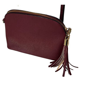 Women's Burgundy Crossbody Bag Small Dome Zip Tassel, Gold Tone Chain & Hardware